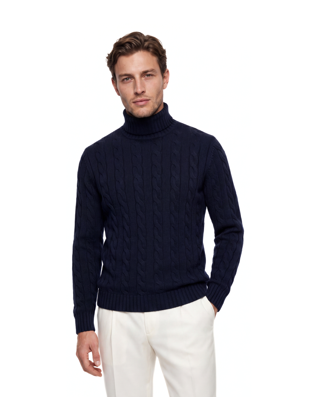 MAGLIONE A COLLO ALTO A TRECCE NAVY